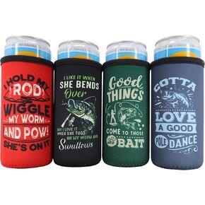 12oz Slim Can Fishing Coolers - Fishing Essentials Gifts for Men, Fun Dad Gifts for Fishermen Who Have Everything or Want Nothing, 12 oz Tall Skinny Can Cooler Insulated Sleeve, Funny Slim Can Coolers