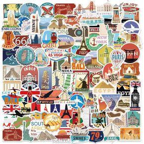 200Pcs Travel Stickers Aesthetic World Travel City Stickers for Luggage, Journal, Scrapbook, Laptop, Kindle, Skateboard, Water Bottle, Bumper, Waterproof Landmark Stickers