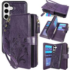 Lacass Case Wallet for Samsung Galaxy S25+ Plus, [12 Card Slots] ID Credit Cash Holder Zipper Pocket Detachable Leather Wallet Cover with Wrist Strap Lanyard（Floral Wine Red）