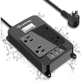 Outdoor Power Strip Weatherproof with 4 Outlets, Outdoor Surge Protector Waterproof, 3 USB Ports, 6 FT Extension Cord, Electric Shockproof, Plug Extender Wall Mount for Bathroom Kitchen Patio,Black