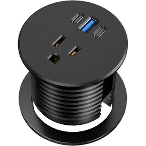 Desk Grommet Power Outlet, 2.5 inch Desktop Recessed Outlet with 20W Fast Charging USB-C Port, Flush Mount Outlet for Conference Rooms, Office Tables, Furniture (Black, 6FT)