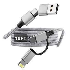 Extra Long iPhone Charger Cable 16 FT, 60W Fast Charging Cable USB-C and Lightning 4-in-1 Cable 15FT Nylon Braided Charging Cord Multi Charger Cord Combo Lightning/Type C/USB A for iPhone iPad Samsung