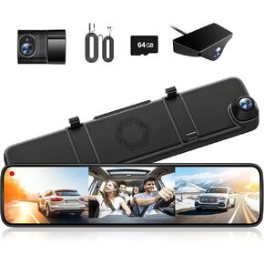 WOLFBOX G890 12" 3 Channel Mirror Dash Cam, 2K Triple Rear View Mirror Camera, 4K Dash Cam Mirror Front and Rear with Hardwire Kit, Touch Screen Backup Camera with Motion Detection, GPS & 64GB Card