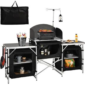 Camping Table, Camping Kitchen Table, Folding Camping Table with Storage Bag, 3 Multifunctional Storage Cupboards & Windshield Cooking Station, for BBQ, Picnic, Cooking