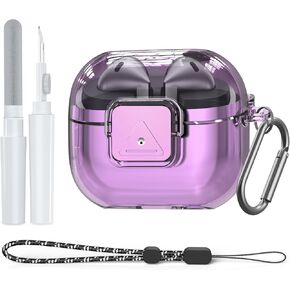 for Samsung Galaxy Buds 3 Pro Case/Galaxy Buds 3 Case with Secure Lock Clip, Flexible TPU Clear Case for Galaxy Buds Pro 3 Shockproof Protective Cover with Cleaner Kit&Carabiner&Lanyard (Clear Purple)