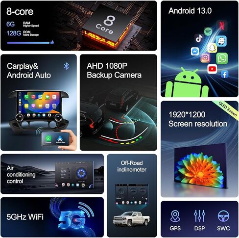 8G+128G CAR Radio لـ Chevy Silverado GMC Sierra Car Stereo 2014-2018 و Android13 و Dual Knobs 13.1 "Qualcomm 8 Core مع Carplay Android Auto و Off-Road و DTS و DSP و 4G LTE و 5G Wifi SWC in Kuwait