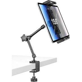 Aluminum Tablet Stand Holder for Desk Mount - [Small Portable] Tablet Holder for Kitchen, Bed Clip with 1.26" Depth Large Clamp for iPad Pro 13 Air Mini, Galaxy, Fire, Switch, iPhone, 6-15.6" Devices