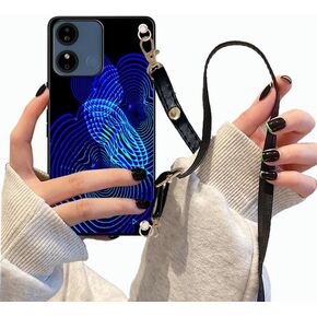 Flexible TPU Case for BLU G44 with Wrist Strap Long PU Leather, BLU G44 G0970WW Case With Crossbody Lanyard Hands Free | Floral Pattern Blue Navy Stripes Flower Painting Soft tpu BLU G44 Cover