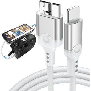 for Lightning to Micro B USB 3.0 Camera Adapter Cable MFi Certified for iPhone 14 13 12 11 XR 7 Plus, Import Photos Video Micro B USB 3.0 DSLR Camera OTG Cable for Canon Nikon Nylon Braided Cord 3.3ft