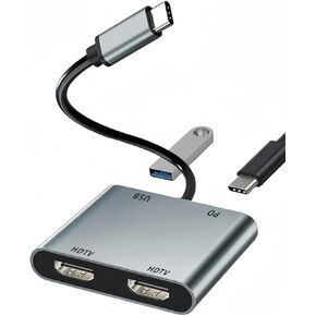 USB C to Dual HDMI Adapter 4K, 4 in 1 USB C Hub Multiport Adapter with Dual HDMI USB 3.0 PD 100W Charging, USB C to HDMI Extended Display Compatible with MacBook, iPhone 16 15, etc