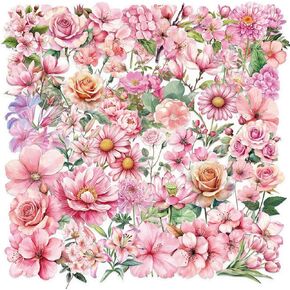Pink Flower Stickers Love Stickers Pack 50PCS, Icicrim Beautiful Flowers Stickers for Water Bottles Laptop Luggage Phone Waterproof Vinyl Romantic Decals Gifts for Girls Women