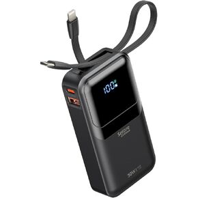 Portable Charger Power Bank 30W, Portable Phone Charger Fast Charging Battery Pack 10000mAh, 4 Outputs USB C Travel Portable Chargers with Built in Cable for iPhone 16/15/14, MacBook, iPad, Samsung