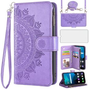 Asuwish Phone Case for LG Premier Pro Plus 6.1"/Harmony 4/K40S/K41 Wallet Cell Cover with Screen Protector Lanyard Wrist Strap Mandala Flower Zipper Card Holder Stand L455DL K 40s Women Girls Purple
