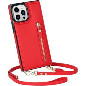 SZHAIYU Zipper Wallet Purse for iPhone 13 Pro Max Crossbody Case with Credit Card Holder Strap Lanyard 6.7'' Kickstand Flip Leather RFID Protection Women (Red,13 Pro Max)