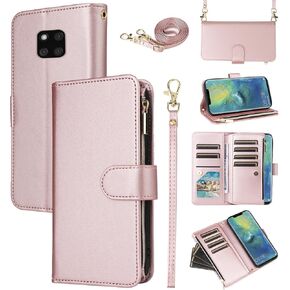 Wallet Case for Huawei Mate 20 Pro with Wrist Strap Shoulder Strap Leather Zipper Purse Card Holder Slots Protector Stand Cell Accessories Phone Cover Hawaii Mate20Pro Mate20 20Pro Girls Pink
