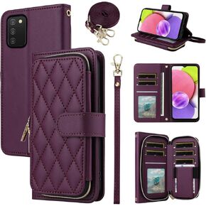 Argyle Wallet Case for Samsung Galaxy A03s US Version 5G 2022 with Wrist Strap Shoulder Strap, 9+ Card Slot Zipper Purse Stand Checkered Phone Cover for Ao3s A 03s SM-A037U SM A037U Deep Purple