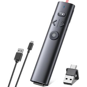2-in-1 USB Type C Presentation Clicker with Red Laser Pointer, Rechargeable Wireless Clicker for Powerpoint Presentations Support Hyperlink Volume Control, Presentation Remote for Mac Windows Keynote