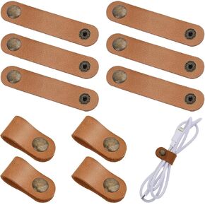 10pcs Leather Cord Organizer Straps Travel Cord Leather Snap Brown PU Phone Cord Ties for Charging Cables Reusable Leather Cord Keeper Leather Cable Ties Snap Closure for Charging Cord Power Cord