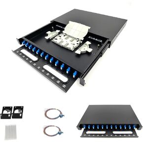 1 Pack 12 Duplex Singlemode 24 Port LC Fiber Optic Rack Mount Enclosure Box with Pigtails & Couplers, 24 Core LGX Patch Panel Box (Drawer Type Design) fits for 19" Racks Cabinet