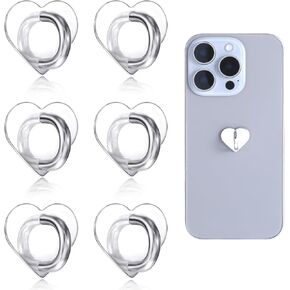 6 PCS Heart Phone Charm Hook, Adhesive Metal Phone Charms Holder, Cute Phone Finger Grip Loop Stand Cell Phone Finger Ring Heart Phone Grip for DIY Phone Case Pad Tablet Accessories (Silver)