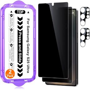 2 Pack for Samsung Galaxy S25 Ultra [6.9 Inch] Privacy Screen Protector + 2 Pack Camera Lens Protector with Easy Installation Kit, Anti-Spy Tempered Glass, Fingerprint Unlock, 9H Hardness