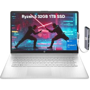 HP 17 Laptop (17.3" FHD Anti-Glare, AMD Ryzen 5 5500U, 32GB RAM, 1TB SSD, 6-Core(> i7-1165G7)) for Business, Enterprise, Students, Long Battery Life, Webcam, Fast Charge, IST Hub, Win 11 Pro, Silver