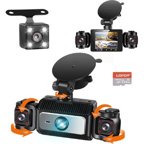 360° Dash Cam Front and Rear Inside,LOFOV 4 Channel Camera FHD 1080P,Front Left Right and Rear,Free 64GB SD Card,Multi-Ch Dash Camera for Cars,Black Box Trafflc Recorder,Night Vision,24H Parking Mode