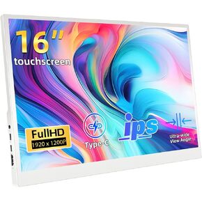 Portable Monitor Touchscreen, 16 Inch Full HD 1920x1200P Touch Screen IPS Display, Travel Monitor Ultra-Slim HDMI USB C External Monitor for PC Laptop Computer Switch Ras Pi, White
