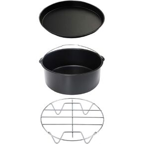 8 Inch Air Fryer Accessories, 3 Set Air Fryer Baking Pan, Compatible for 4Qt-5.6Qt Air Fryer with Cake Barrel Pizza Pan Barbecue Grill (black)