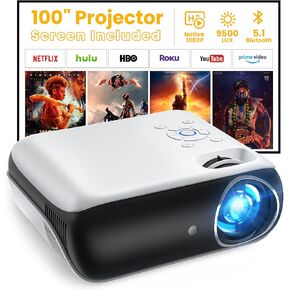 Projector With Screen, Native 1920*1080P Projector Built In Speaker, Portable Outdoor Projector Compatible with Smartphone/HDMI/USB/AV/Fire Stick,Indoor&Outdoor Use