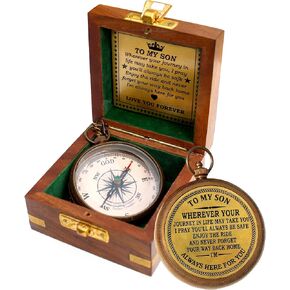 to My Son Compass with Wooden Box. Gift for Son from Mom Dad, Father to Son Gifts, Birthday Baptism Confirmation Communion, Mom to Son Gifts for Graduation Day, Compass for Women Men