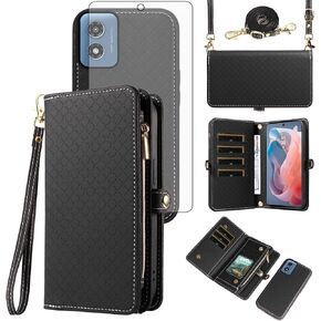 Asuwish Phone Case for Motorola Moto G Play 2024 4G Zipper Wallet Detachable Cell Cover with Tempered Glass Screen Protector Crossbody Lanyard Strap Flip Card Holder XT2413V XT2413-1 64GB Women Black