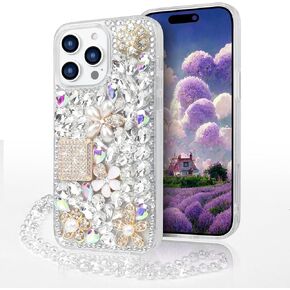 Losin Compatible with iPhone 15 Pro Max Bling Case with Lanyard Strap Luxury 3D Diamond Crystal Rhinestone for Women Girls Glitter Sparkle Case Shiny Gemstone and Flower Cover, Clear