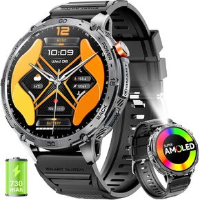 Military Smart Watch for Men 1.75" HD AMOLED Display 730mAh Battery Smart Watches with LED Flashlight for Android iOS（Bluetooth Call Answer/Dial Calls） Fitness Tracker with Heart Rate