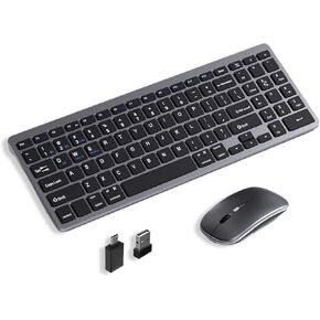 Dual-Mode Wireless Keyboard and Mouse Combo, Rechargeable 2.4G/Bluetooth Keyboard Mouse Set with USB A-C Adapter, Ultra Slim Compact Design Silent Keys for PC/Laptop/Win/Mac, Grey Black