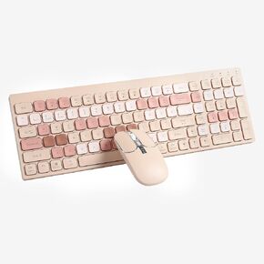 Wireless Keyboard and Mouse Combo, Multi-Device Bluetooth + 2.4G Wireless Keyboard Mouse, Full-Sized Ergonomic Keyboard Mouse Rechargeable for Windows, Computer, Desktop, Pc, Laptop (Milk Tea Color)