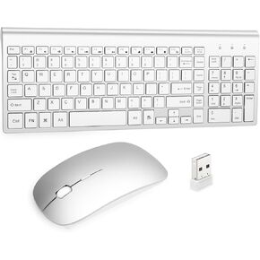 Wireless Keyboard and Mouse Silver White Full Size 2.4G USB portables Quiet Compact for Mac PC Laptop Tablet Windows Silver White