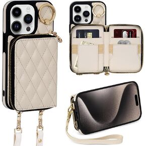 Keallce Case for iPhone 14 Pro 6.1'' Wallet Case, Crossbody Zipper Purse with Handbag Wristlet for Women, RFID Blocking Card Holders, 360° Ring Kickstand Flip Leather Cover for iPhone 14 Pro 5G, Beige