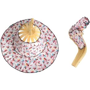 2 in 1 Portable Bamboo Sun Hat for Women, Summer Flower Pattern Hand Fan Foldable Beach Hat for Travel Outdoor
