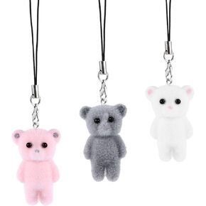 Cute Phone Charms, Kawaii Bear Phone Charms Flocking Bear Phone Charms Bear Lanyard Accessories Charms for Bag Pendant Keychain Key Ring Camera (Style 1, White Pink Gray)