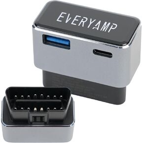 OBD2 to USB Adapter - USB-C & USB-A Power Outputs - OBD2/OBD Power for Dash Cameras, Phone Charges, Radar Detectors, and More - OBD Male to USB Female Charger - DC12‑24V 36W/12V, 45W/24V - EveryAmp