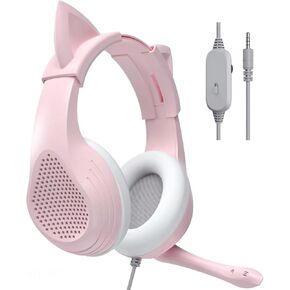 Pink Cat Ears Gaming Headset with Microphone for PS4 Xbox One PS5 Controller, Over Ear Wired Headphones with Mic for PC Computer Mac Laptop and Consoles