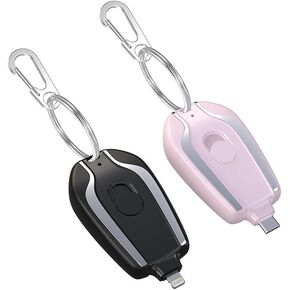 Emergency Keychain Charger, Portable Power Bank for iPhone, iOS Lightning Connection, Black and Pink (Black)