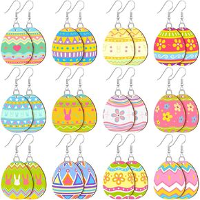 Misdary 12 Pairs Easter Rabbit Wooden Dangle Earrings Easter Earrings Colorful Bunny Carrot Egg Flower Wooden Earrings for Women Girls Teen Easter Party Jewelry Gifts Accessories