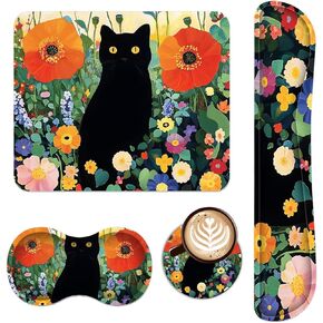 Mouse Pad with Wrist Rest and Cup Coaster, Ergonomic Keyboard Mouse Wrist Rest for Comfort Easy Typing Pain Relief, Non-Slip Bottom 4 in 1 Mousepad for Office Gaming Home, Black Cat Florals