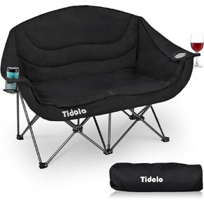 Double Camping Chair,2 Person Black Camping Chair for Adult,Oversized Padded Folding Loveseat Camping Chair,Heavy Duty Lawn Chair Outside Camping Couch with Cup Wine Glass Holder Support 600LBS
