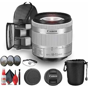 Canon EF-S 18-55mm f/4-5.6 is STM Lens (Silver) (1620C002) + Lens Pouch + Filter Kit + Cap Keeper + Cleaning Kit (Renewed)