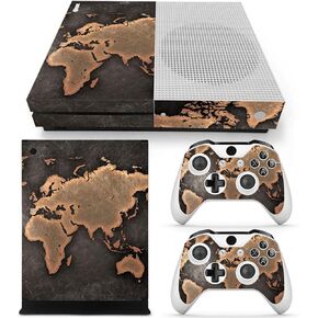Protective Vinyl Skin Decal Cover for Xbox One S Console Wrap Sticker Skins with Two Free Wireless Controller - World Map