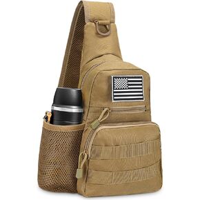 Tactical Sling Bag, Compact Military MOLLE EDC Shoulder Backpack, Crossbody Chest Daypack with Water Bottle Holder for Outdoor Travel (Khaki)