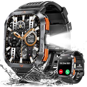 Military Smart Watches for Men Answer Make Calls 2.02'' Outdoor Sports Smartwatch with Flashlight Compass Big Battery SOS Heart Rate Sleep Monitor 3ATM Waterproof Fitness Watch for iPhone Android